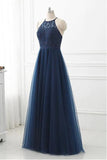 Navy Blue Tulle A-line Lace Appliques Halter Long Prom Dress, Party Dress, SP946 | cheap long prom dress | long prom dress | prom dress for teens | simidress.com
