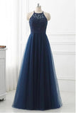Navy Blue Tulle A-line Lace Appliques Halter Long Prom Dress, Party Dress, SP946
