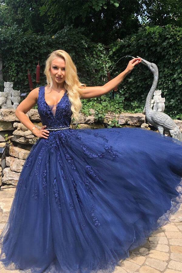 Navy Blue Tulle A-line V-neck Beaded Prom Dresses With Lace Appliques, SP738 | navy blue prom dresses | cheap prom dress | long prom dresses | www.simidress.com