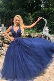 Navy Blue Tulle A-line V-neck Beaded Prom Dresses With Lace Appliques, SP738
