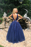Navy Blue Tulle A-line V-neck Beaded Prom Dresses With Lace Appliques, SP738 | a line lace prom dresses | evening gown | long formal dresses | www.simidress.com