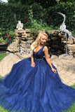 Navy Blue Tulle A-line V-neck Beaded Prom Dresses With Lace Appliques, SP738 | cheap prom dresses | a line v neck prom dresses | party dresses | www.simidress.com