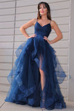 Navy Blue Tulle A-line V-neck Prom Dress With Ruffles, Long Formal Dresses, SP792 | blue prom dresses | simple prom dresses | evening gown | www.simidress.com 