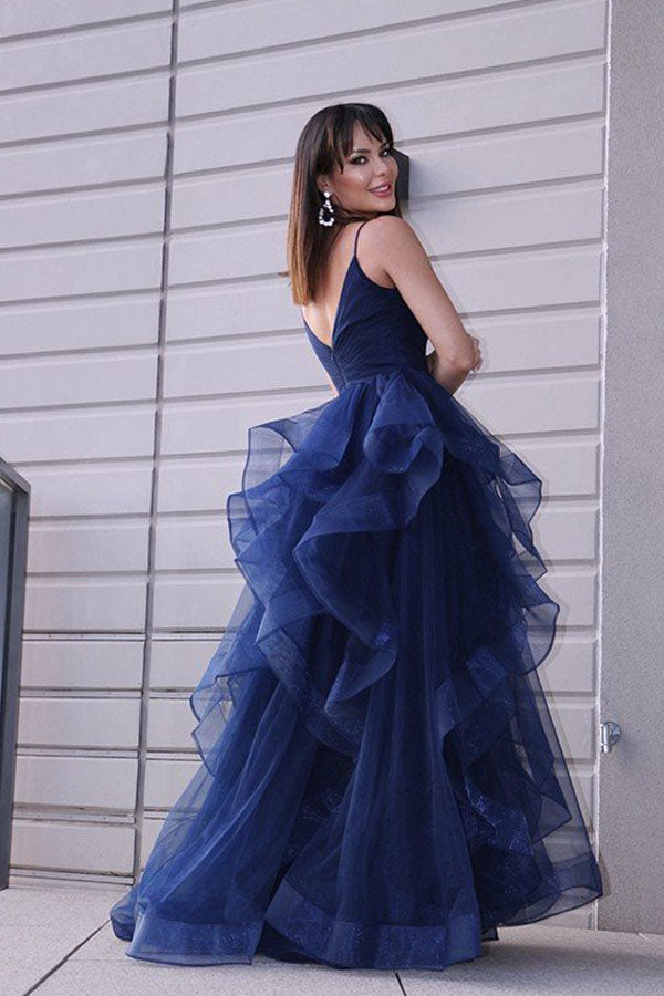 Navy Blue Tulle A line V neck Prom Dress With Ruffle SP792 Simidress