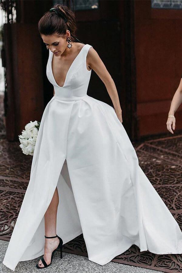 New Arrival Ivory Satin A-line V-neck Simple Wedding Dresses With Slit, SW437 | simple wedding dresses | cheap wedding dresses | bridal gowns | www.simidress.com