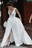 New Arrival Ivory Satin A-line V-neck Simple Wedding Dresses With Slit, SW437 | simple wedding dresses | cheap wedding dresses | bridal gowns | www.simidress.com