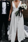 New Arrival Ivory Satin A-line V-neck Simple Wedding Dresses With Slit, SW437 | ivory wedding dress | satin wedding dresses | v neck wedding dresses | www.simidress.com