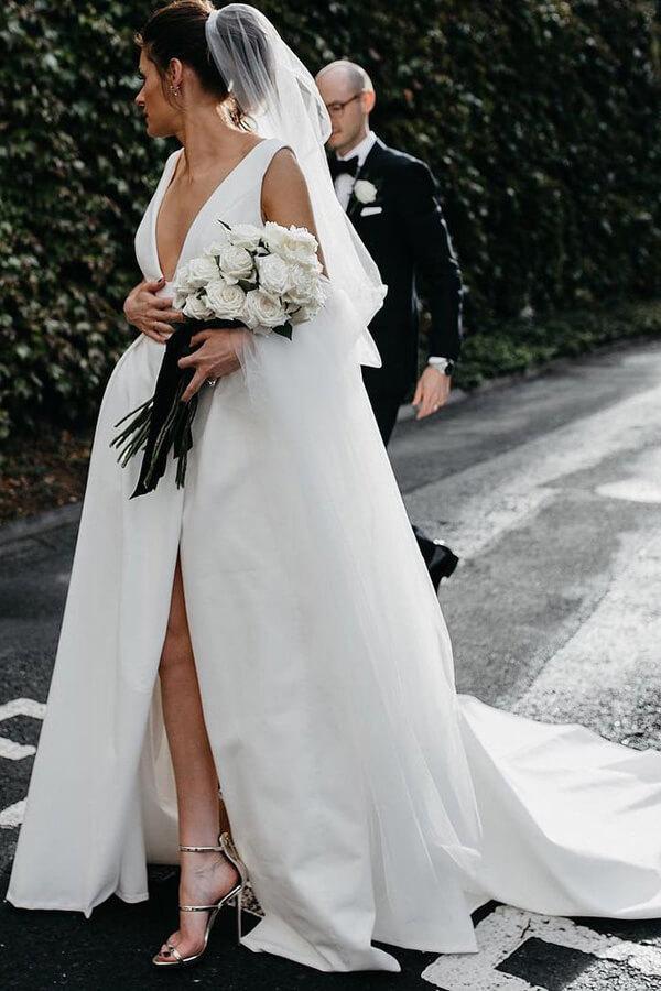 satin a line v neck wedding dress A-Line White Minimalist Wedding Dresses Satin Strapless V Neck US20W / White