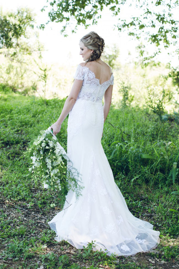 Off Shoulder Open Back Wedding Dresses,Trumpet Lace Up Appliques Wedding Gown,SW72