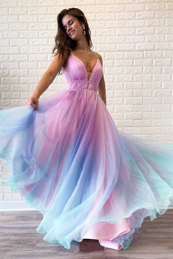 Ombre Beaded Spaghetti Straps V Neck Prom Dresses, SP684 | Simidress Ombre Beaded Spaghetti Straps V Neck Prom Dresses, SP684 | Simidress