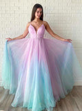 Ombre Beaded Spaghetti Straps V Neck Prom Dresses, Graduation Dress, SP684 | long prom dresses | cheap prom dresses | party dresses | evening dresses | www.simidress.com