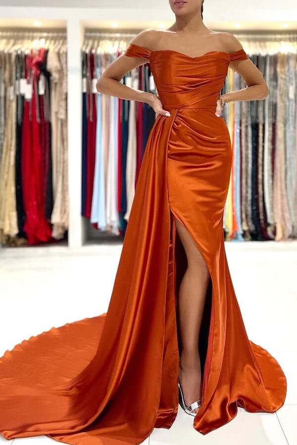 Orange Mermaid Satin Off-the-Shoulder Prom Dresses, Evening Dresses, SP878 | mermaid prom dresses | long prom dress | long formal dresses | simidress.com