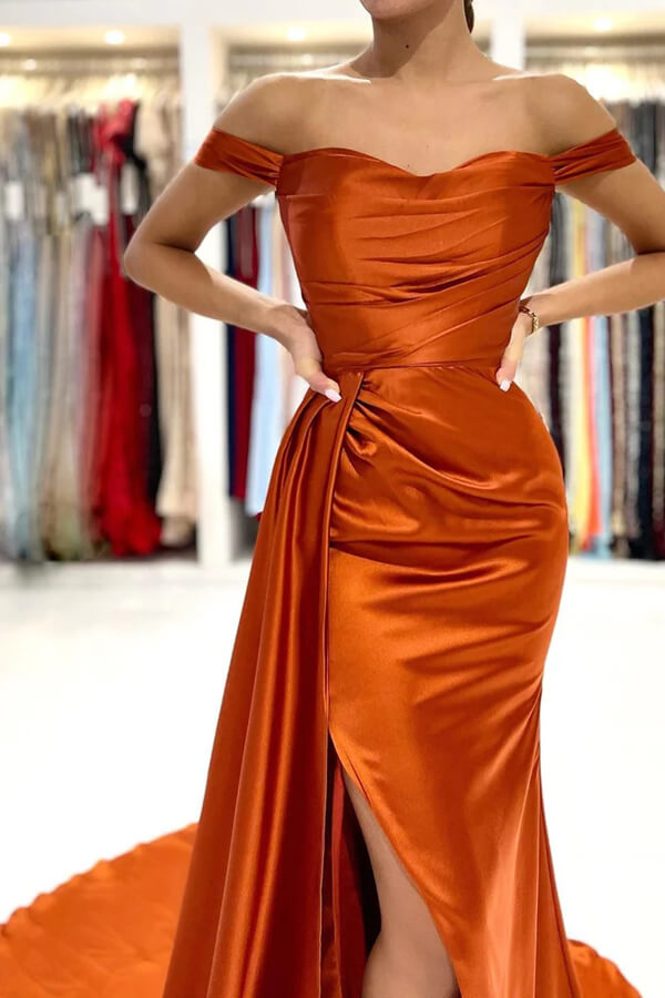 Orange Mermaid Satin Off-the-Shoulder Prom Dresses, Evening Dresses, SP878 | evening dresses | evening gown | party dress | simidress.com