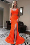 Orange Sequins Mermaid Two Pieces Prom Dress, Long Formal Dresses, SP917 | mermaid prom dresses | two piece prom dress | evening dresses | simidress.com