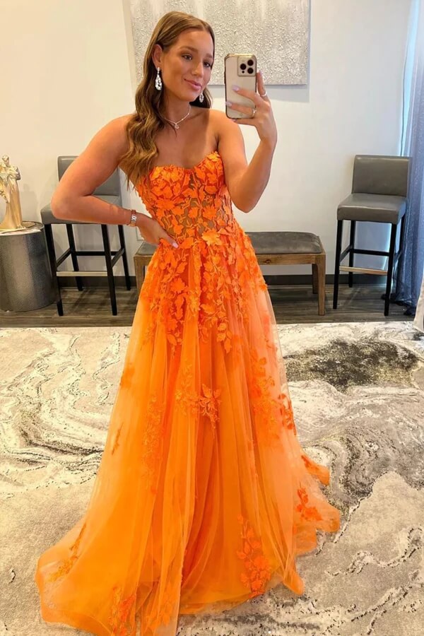 Orange Tulle A-line Sweetheart Lace Appliques Prom Dresses, Party Dress, SP940 | orange prom dresses | long prom dresses | lace prom dresses | simidress.com