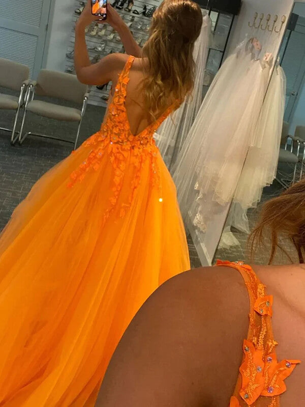 Orange Tulle A-line V-neck Lace Appliques Prom Dresses, Evening Gown, SP869 | a line prom dresses | long formal dresses | prom dresses online | simidress.com