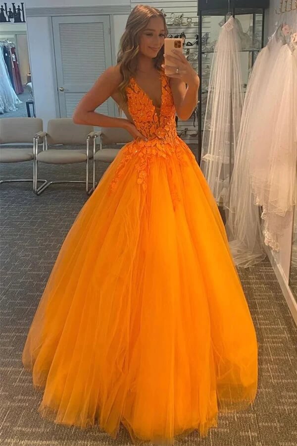 open lace back dress Orange Tulle A-line V-neck Lace Appliques Prom Dress SP869