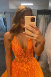Orange Tulle A-line V-neck Lace Appliques Prom Dresses, Evening Gown, SP869 | v neck prom dresses | long prom dresses | tulle prom dresses | simidress.com