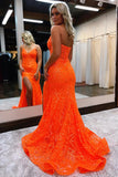 Orange Tulle Lace Spaghetti Straps Mermaid Long Prom Dresses With Slit, SP950 | lace prom dresses | party dresses | long formal dresses | simidress.com