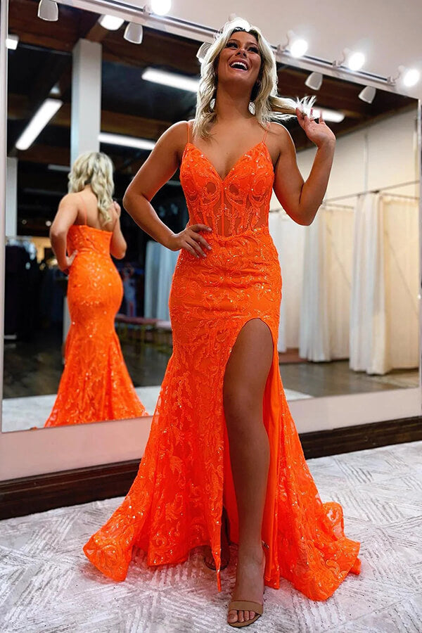 Orange Tulle Lace Spaghetti Straps Mermaid Long Prom Dresses With Slit, SP950 | cheap lace prom dress | mermaid prom dress | evening dresses | simidress.com