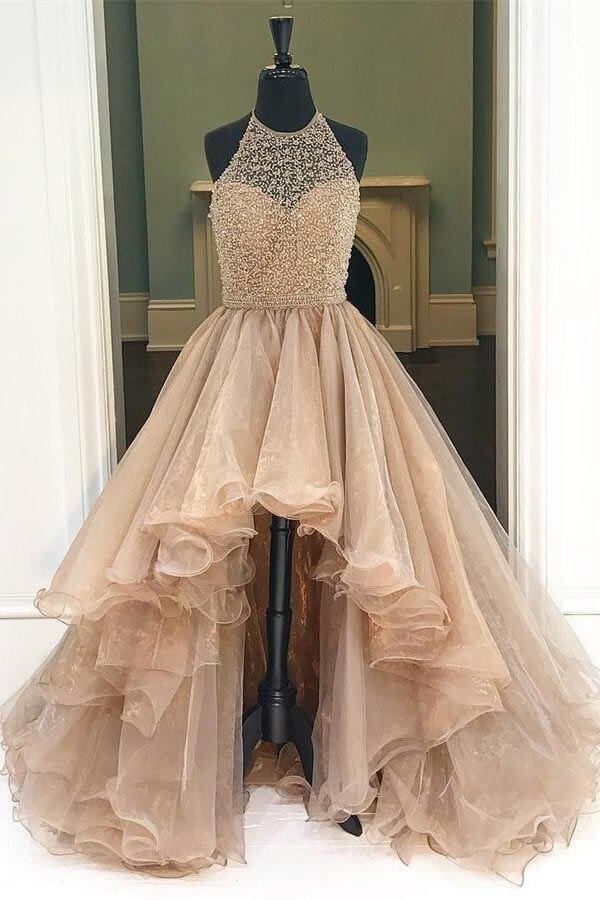 Organza A-line Beaded Halter High Low Prom Dresses SP829 | Simidress Organza A-line Beaded Halter High Low Prom Dresses SP829 | Simidress