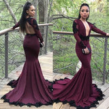 Purple Mermaid Long Sleeves Long Prom Dress with Black Appliques|simidress.com