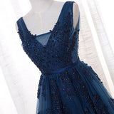 Navy Blue A-Line V-Neck Tulle Floor-length Prom Dress With Appliques, SP438 at simidress.com