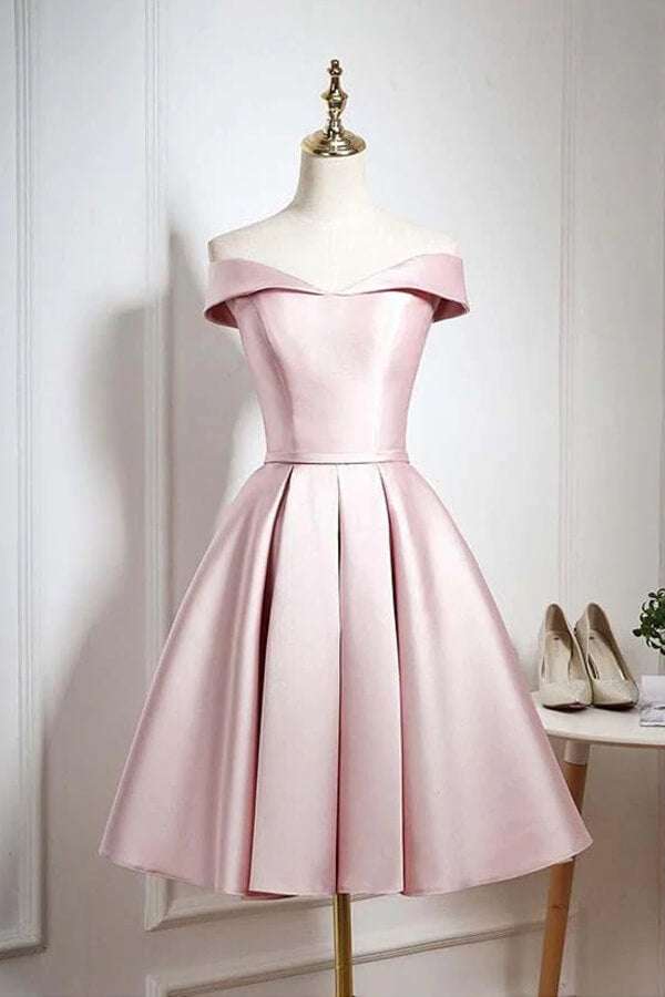 Pearl Pink Off-the-Shoulder Knee Length Homecoming Dresses With Ruffle, SH560 | cheap prom dresses | short prom dress | graduation dresses | www.simidress.com