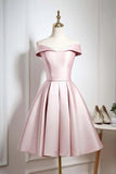 Pearl Pink Off-the-Shoulder Knee Length Homecoming Dresses With Ruffle, SH560