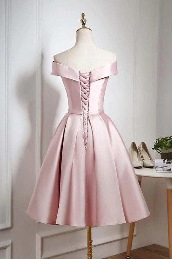 Pearl Pink Off-the-Shoulder Knee Length Homecoming Dresses With Ruffle, SH560 | cheap homecoming dresses | party dresses | prom dresses | www.simidress.com