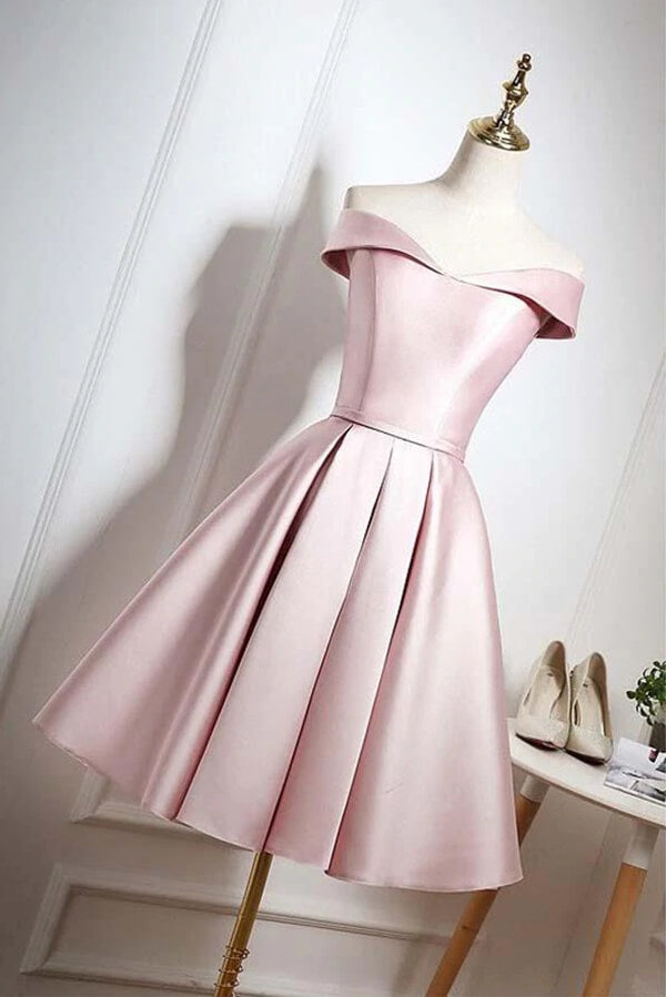 Pearl Pink Off-the-Shoulder Knee Length Homecoming Dresses With Ruffle, SH560 | a line homecoming dresses | pink homecoming dresses | school event dress | www.simidress.com