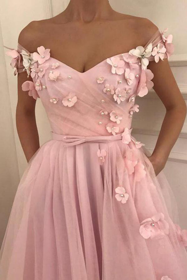 Pink 3D Floral Off-the-Shoulder Long Prom Dresses SP692