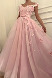 Pink 3D Floral Off-the-Shoulder Long Prom Dresses, Evening Dresses, SP692