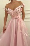 Pink 3D Floral Off-the-Shoulder Long Prom Dresses, Evening Dresses, SP692 | pink prom dresses | floral prom dresses | evening dresses | party dresses | www.simidress.com