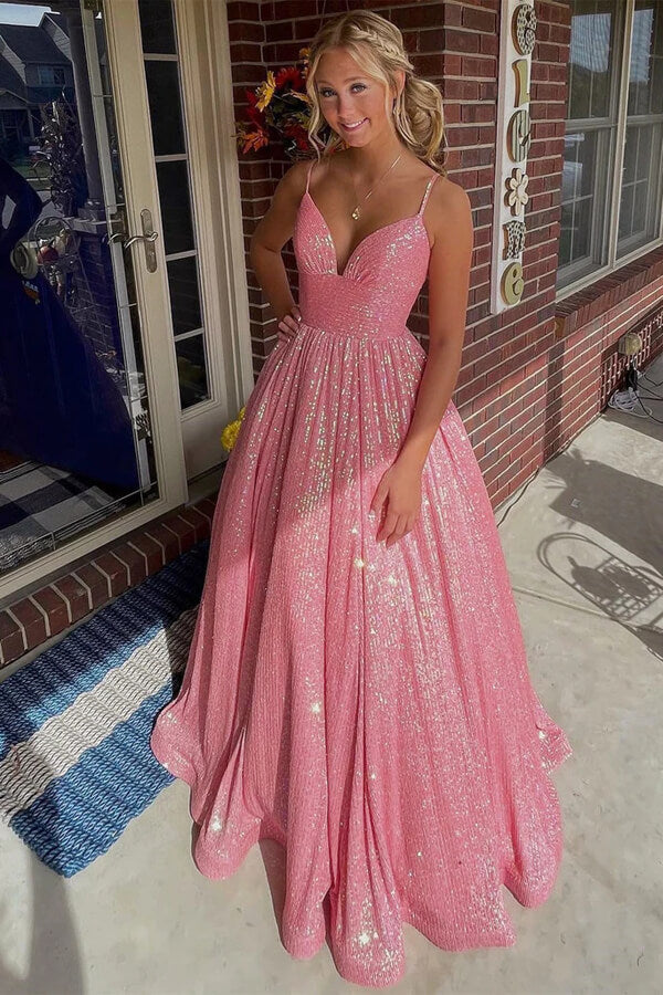 Pink A-line Spaghetti Straps Long Prom Dresses With Pockets, Party Dress, SP962 | cheap long prom dress | evening dresses | sequins prom dress | simidress.com