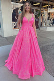 Pink A-line Spaghetti Straps Long Prom Dresses With Pockets, Party Dress, SP962