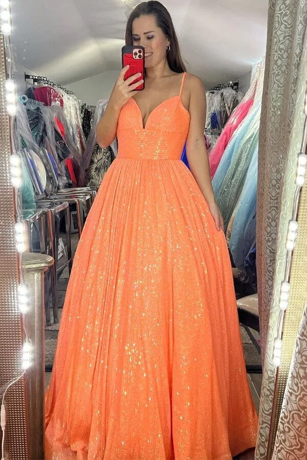 Pink A-line Spaghetti Straps Long Prom Dresses With Pockets, Party Dress, SP962 | orange prom dresses | prom dresses for teens | long formal dresses | simidress.com
