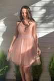 Pink A-line Tulle Halter Backless Homecoming Dresses, Short Prom Dresses, SH626