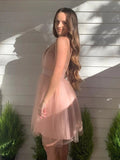 Pink A-line Tulle Halter Backless Homecoming Dresses, Short Prom Dresses, SH626 | short homecoming dresses | homecoming dresses near me | school event dresses | simidress.com