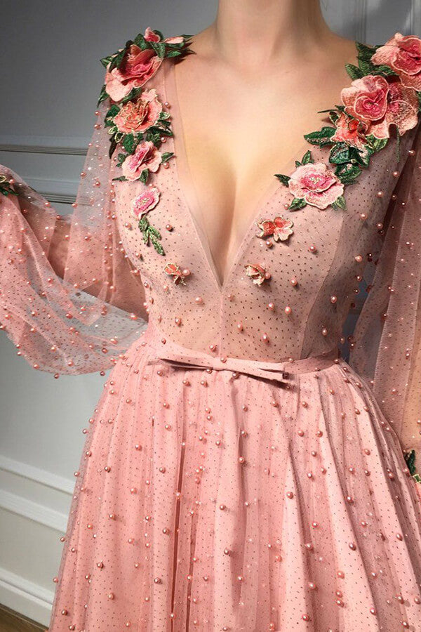 Pink V-neck Prom Dresses Long Sleeves Evening Dress, SP690 | Simidress Pink V-neck Prom Dresses Long Sleeves Evening Dress, SP690 | Simidress
