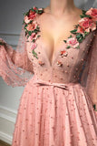 Pink A-line V-neck Prom Dresses, Long Sleeves Evening Dresses With Flowers, SP690