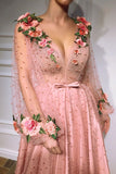 Pink A-line V-neck Prom Dresses, Long Sleeves Evening Dresses With Flowers, SP690 | long prom dresses | evening dresses | formal dresses | cheap prom dresses | www.simidress.com
