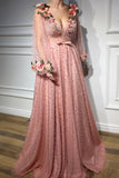 Pink A-line V-neck Prom Dresses, Long Sleeves Evening Dresses With Flowers, SP690 | party dresses | formal dresses | pink prom dresses | evening gowns | www.simidress.com