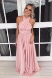 Pink Chiffon A-line Halter Long Bridesmaid Dresses, Wedding Party Dresses, BD123