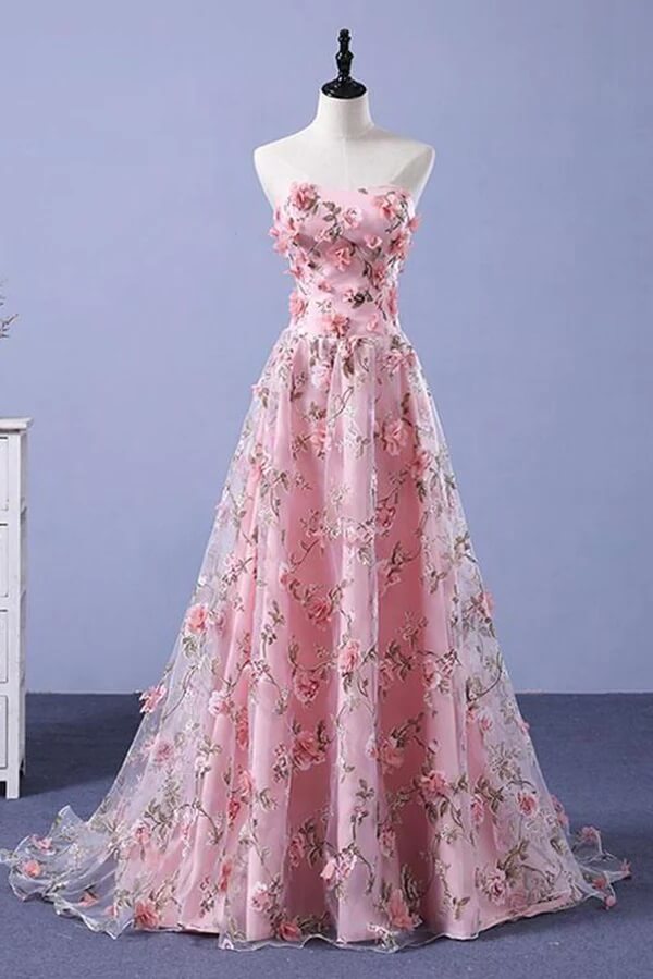 Pink Flower Appliques Strapless A-line Long Prom Dresses, Evening Gowns, SP824 | pink prom dresses | floral prom dresses | a line prom dresses | simidress.com