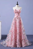 Pink Flower Appliques Strapless A-line Long Prom Dresses, Evening Gowns, SP824