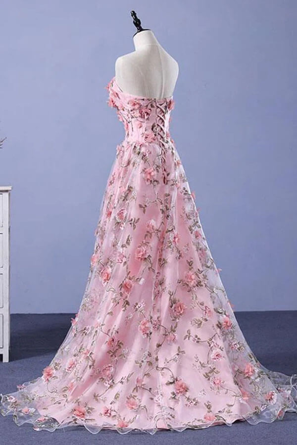 Pink Flower Appliques Strapless A-line Long Prom Dresses, Evening Gowns, SP824 | cheap prom dresses | tulle a line prom dress | evening gowns | simidress.com