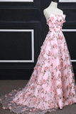 Pink Flower Appliques Strapless A-line Long Prom Dresses, Evening Gowns, SP824 | floral prom dresses | pink long prom dresses | long formal dresses | simidress.com