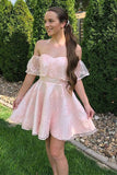​Pink Lace A Line Off the Shoulder Short Prom Dresses, Homecoming Dresses, SH577 | lace homecoming dress | a line homecoming dress | tulle homecoming dress | www.simidress.com