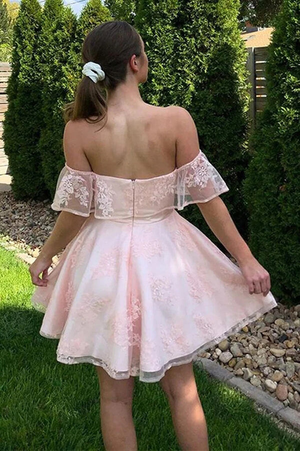 Pink Lace A Line Off the Shoulder Short Prom Dresses, Homecoming Dresses, SH577 | short homecoming dress | sweet 16 dress | homecoming | www.simidress.com​